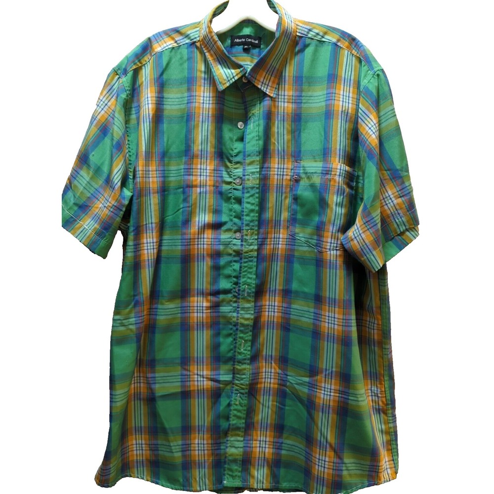 Alberto Cardinali XL men's green orange blue plaid button front shirt
